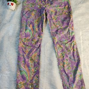 Purple Jeans With Multicolor Flower Print For Girl