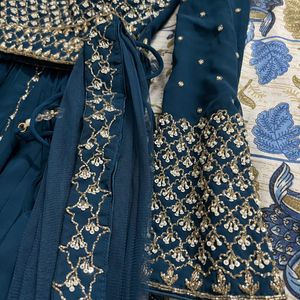 Navy Blue Ethnic Gown, Gold/Pearl Embroidery