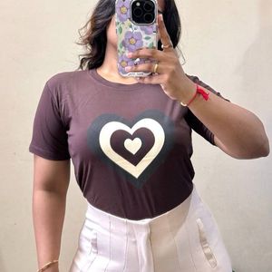 Brown Heart Print T-shirt