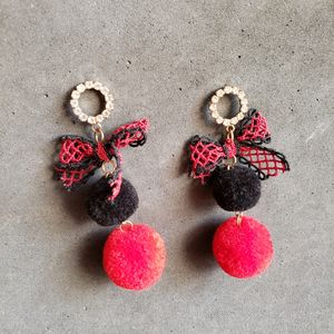 Bow With Pom Pom Earrings