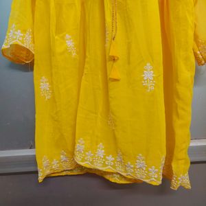 Yellow New Short Chickenkari Kurti