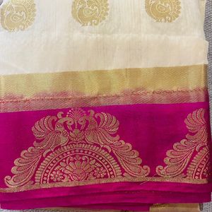 Pink Creamy Contrast Saree With Blouse