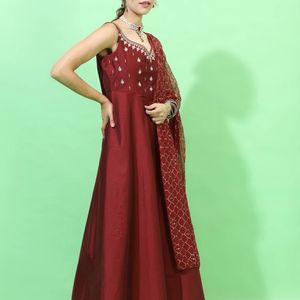 Maroon Anarkali with golden printed dupatta