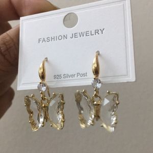 Clear Butterfly With Gold Dangling Earrings