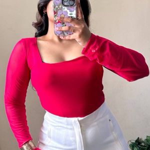 Pink Square Neck Mesh Top