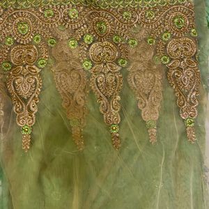 Green And Beige Zari/ Stone Pattern Saree