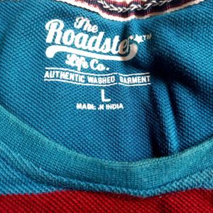 Roadster Maroon & Blue Stripped Cotton Tshirt