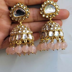 Peach Kundan Jhumka Set