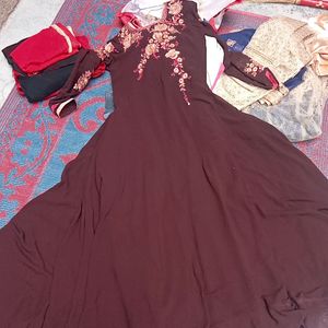 Brown Flared Embroidered Gown