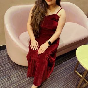 Maroon Velvet Party Wear Dress With Slit