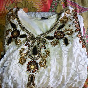 Full Flared Heavy White Anarkali Kurti