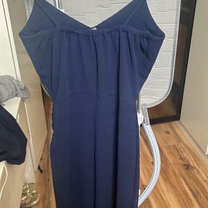 Navy Blue Strappy V Neck Gown With Side Slit