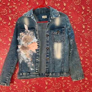 Blue Washed Denim Jacket With Embroidered Detail