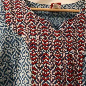 Cotton Indigo Print Embroidered Kurta