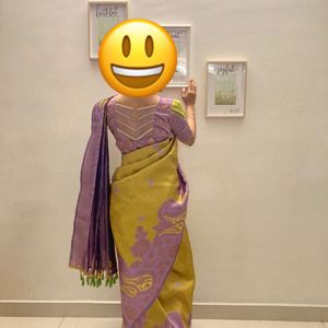 Green & Purple Saree With Blouse For Grabs