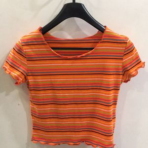 Orange Multicoloured Stripes T-shirt