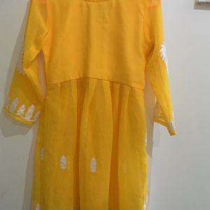 Yellow Kurti with half net and chikankari work