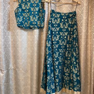 Teal and Gold Floral Print Two-Piece Dress