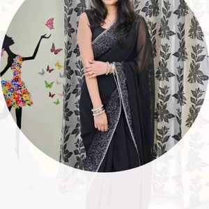 Jet Black Georgette Saree With Blouse Piece