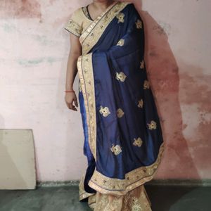 2 Color Saree. Navy Blue and Cream Saree