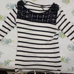 Blue And White Striped Top With Lace