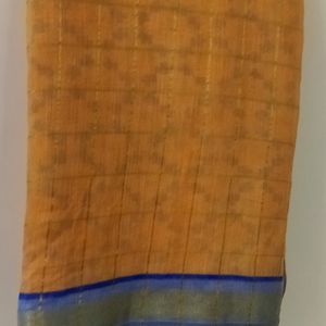 Peach Colour Cotton Checked Saree With Blue Border