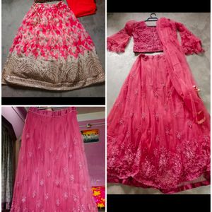 Combo Of Coral Georgette And Mauve Net Lahengas