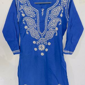 Elegant Blue Kurti With White Paislay Embroidery