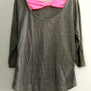 Half Sleeve Grey Up And Down T-shirt With Pink Back Flower Neck