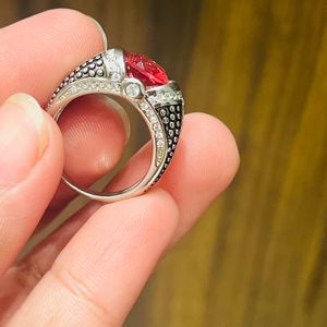 Red Stone Oxidised Silver Ring