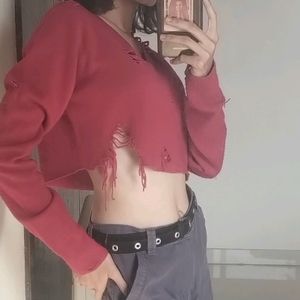 Red Woolen Distressed Crop Top