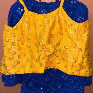 Blue Skirt And Yellow Top Stitched Set