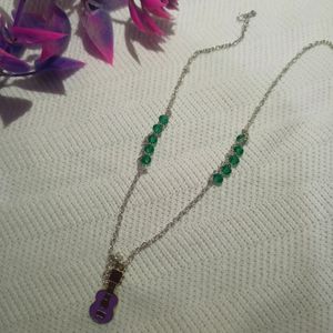 Green Crystal White Chain With Purple Guitar Charm