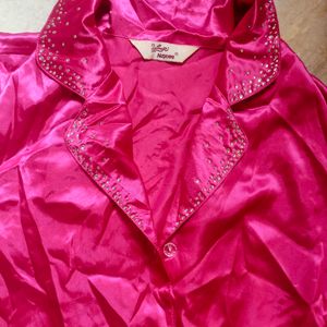 Satin Silk Pink T Shirt For Nightwear, Kundan Work