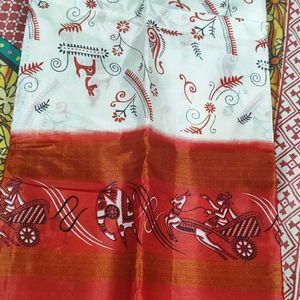 Beautiful White And Red Art silk Saree