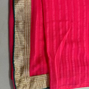 Womens Coral Colour Saree With Blouse