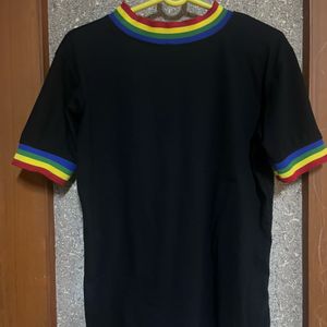 black t shirt multiple coloured colar sleeve