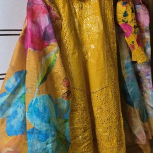 Pakistani Mustard Dress With Contrast Dupatta