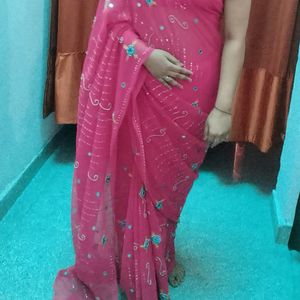 Chiffon Rose Pick Saree With Stitched Blouse