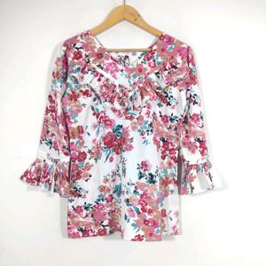 White Floral Print Bell Puff Sleeves Top (Women's)