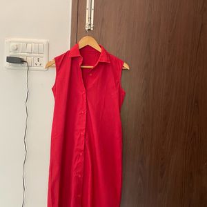 Red Knee Length Shirt Dress- Stitched