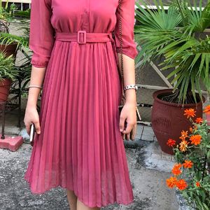 Pastel Pink Polyester Colar Neck Frock (Women)