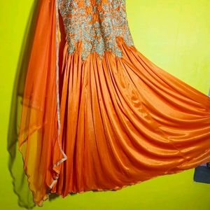 Beautiful Orange Gown With Pant And Dupatta