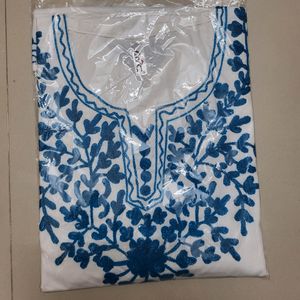 White And Blue Embroidered Short Kurti