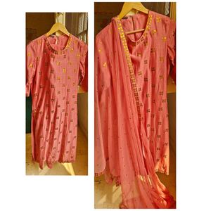 Chanderi pink Suit Set With Palazzo and Dupatta