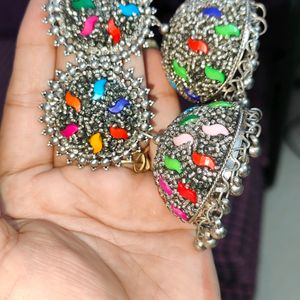 Silver Jhumka With Multi Colour Stone