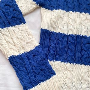 White & Blue Cable Knitted Sweater