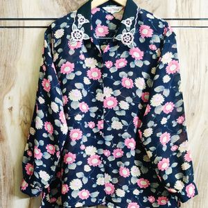 Pink Flower Black Shirt Size-42