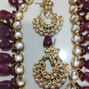 long Kundan And Real Natural Stone Necklace Set