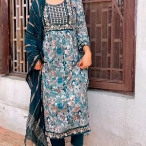 Nyra Cut Printed Anarkali Suit Duppata & Pent Set